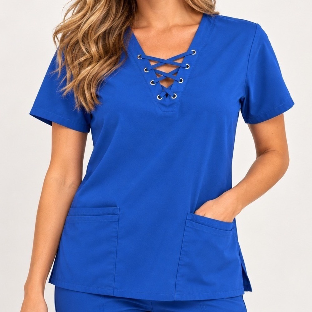 Easy Stretch Gisele Scrub Top M Royal Blue Lace Up V Neck 4 Pocket Stretch BU222